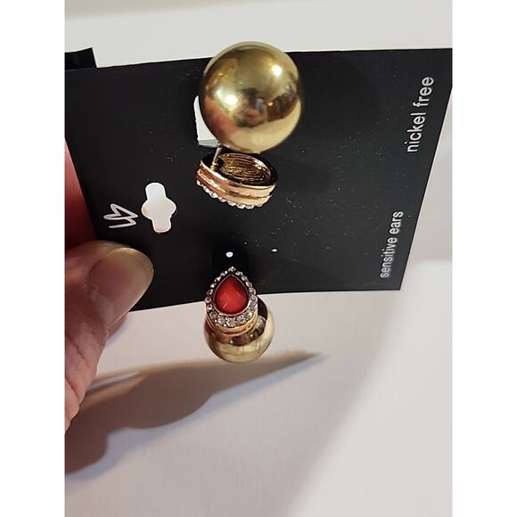 G by Gennaro Teardrop Earrings Gold Double Sided Ball Red Rhinestones - Picture 2 of 5